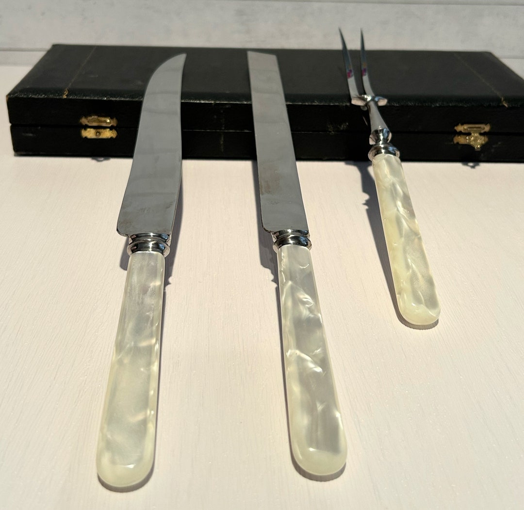 Vintage Viners Sheffield Faux Pearl Handle 3 Piece Carving Set England vintage-viners-sheffield-faux-pearl-handle-3-piece-carving-set-england