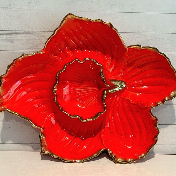 Vintage California Pottery Bright Red/Orange Gold Trimmed Flower Chip/Dip Dish