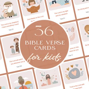 May include: A set of 36 Bible verse cards for kids. The cards feature illustrations and text from the Bible, with a central circular graphic that reads "36 Bible Verse Cards for Kids."