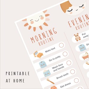 Puede incluir: Lista de verificaci&oacute;n imprimible para las rutinas de la ma&ntilde;ana y la noche con lindas ilustraciones de un sol, una luna, una cama, un inodoro, un cepillo de dientes y un panda. La lista de verificaci&oacute;n incluye tareas como "Hacer la cama", "Ir al ba&ntilde;o", "Lavarse la cara y las manos", "Cepillarse los dientes", "Vestirse", "Guardar los juguetes" y "Ir a dormir".