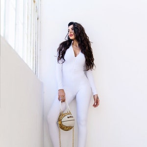 Women White Catsuit, Long Sleeve Jumpsuit, Yoga Jumpsuit, Dance Bodysuit, Workout Clothing