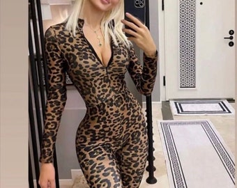 Women Catsuit, Leopard Jumpsuit, Long Sleeve Bodysuit, Yoga Clothing Active