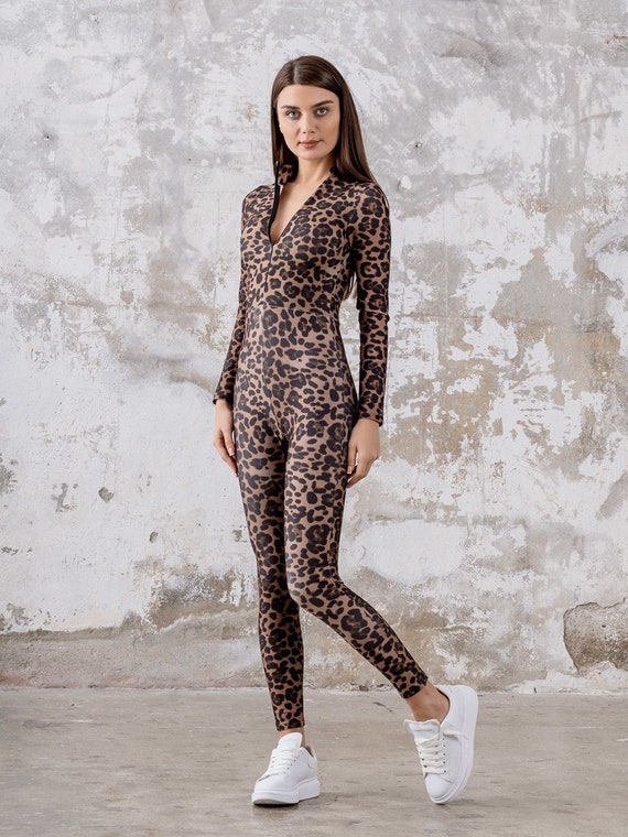 Women Catsuit, Leopard Jumpsuit, Long Sleeve Bodysuit, Yoga Clothing Active  