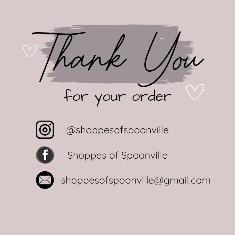 Może przedstawiać: Jasnor&oacute;żowe tło z napisem "Thank You for your order" czarnym pismem. Obraz zawiera ikony medi&oacute;w społecznościowych dla Instagrama, Facebooka i poczty e-mail, a także dane kontaktowe sklepu.
