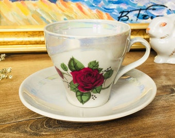 tasse à café et soucoupe en céramique vintage avec motif de fleurs roses, service à café en porcelaine soviétique, vaisselle florale