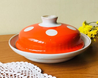 Polka dot vintage porcelain butter dish with lid, Covered ceramic butter keeper, Ceramic antique dishes