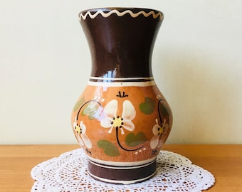 Vintage pottery vase, Handmade clay vase with painted floral design, Rustic terracotta flower vase