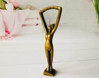 Vintage Brass Bottle Opener, Art Deco Beer Opener, Small Brass Female Sculpture, Bar Decor