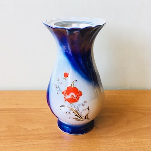 Vintage ceramic painted tulip vase with floral print, Retro farmhouse navy blue painted vase