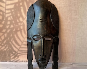 African Wooden Mask, Hand Carved Tribal Wall Decor, Vintage Ethnic Sculpture