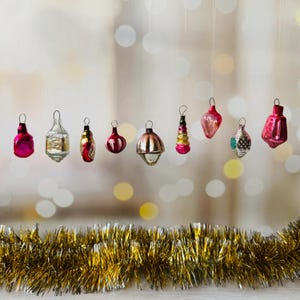 Vintage mini Christmas ornaments set, Small holiday decorations, Glass Christmas figurines 9 pcs, Christmas baubles