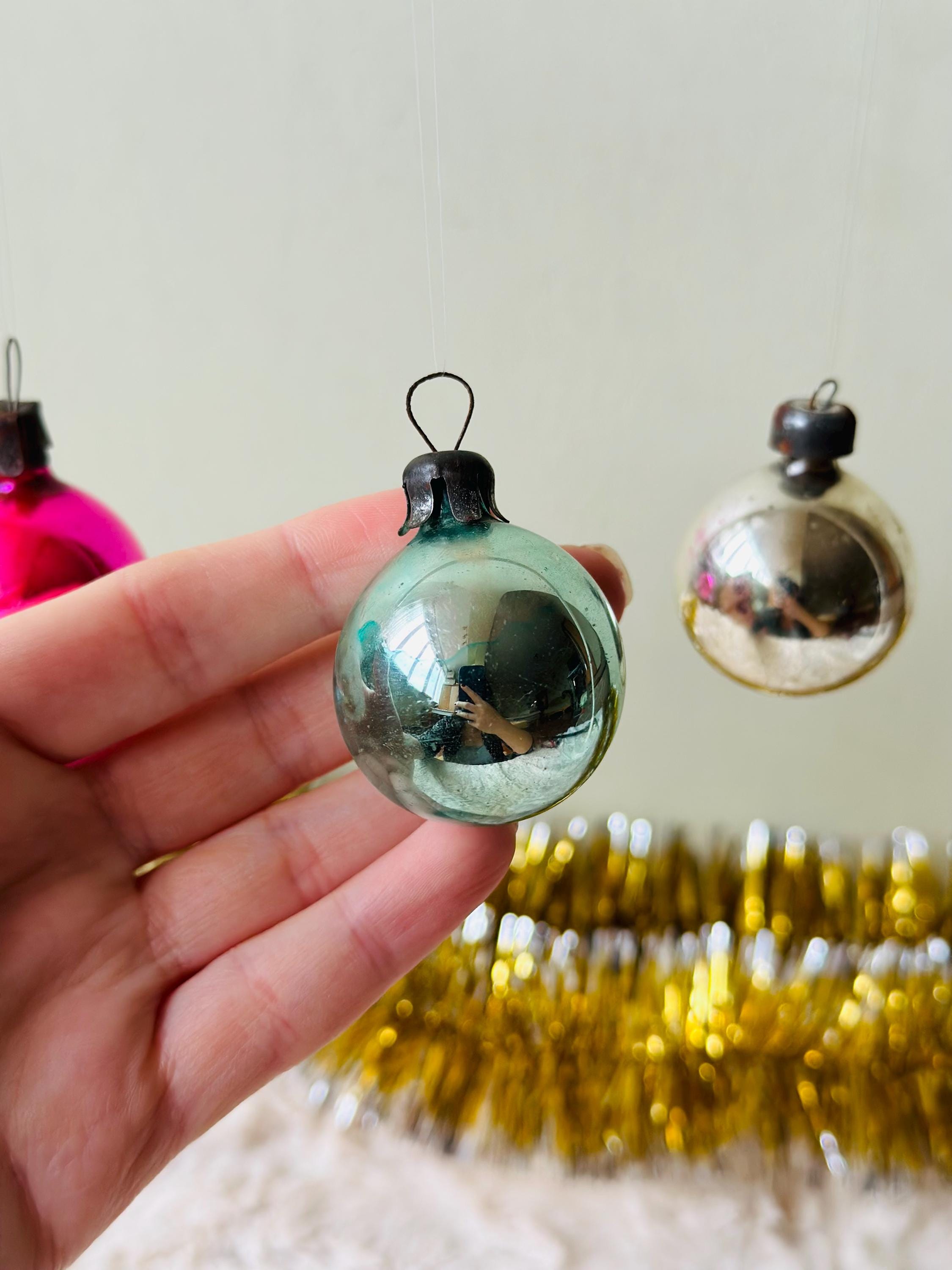 Vintage Miniature Ornaments - Set of 3 Small Christmas Balls, Tiny
