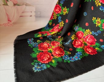 Vintage black wool floral babushka scarf, Ukrainian folk shawl, Ethnic Slavic head wrap