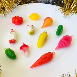 Miniature Plastic Christmas Ornaments: Vintage Vegetable Figurines, Set of 12