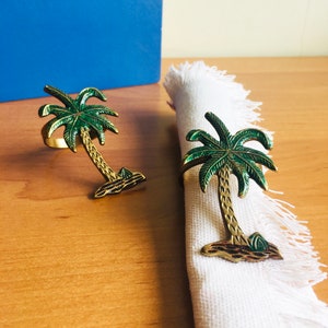 Anelli portatovaglioli in ottone vintage con palma, set porta tovaglioli, decorazioni da tavola tropicali, stoviglie in ottone vintage