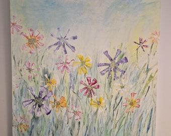 May include: An original abstract painting of colorful flowers in a field. The artwork features a variety of flowers in shades of purple, yellow, orange, and pink, set against a backdrop of green grass and a light blue sky. The painting is signed in the bottom right corner.