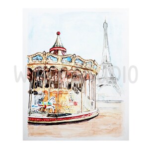 Paris watercolor print, Paris travel watercolor Print, Paris Merry go around watercolor wall art, City skeches watercolor print, Wall art
