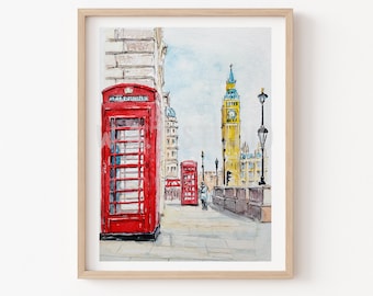 May include: A watercolour painting of a red telephone box in front of Big Ben in London. The painting is framed in a light wood frame.