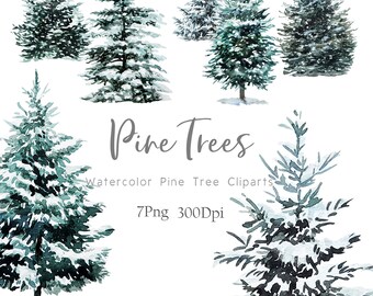 Op de afbeelding: Zeven aquarel illustraties van dennenbomen met sneeuw op de takken. De bomen zijn van verschillende groottes en vormen. De tekst "Pine Trees" is in cursief schrift onder de bomen geschreven. De tekst "Watercolor Pine Tree Clipart" is onder de titel geschreven. De tekst "7 Png 300 Dpi" is onder de beschrijving geschreven.
