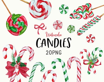May include: Watercolor illustration of various Christmas candies, including candy canes, lollipops, and peppermint candies. The text "Watercolor CANDIES 20PNG" is included in the image.