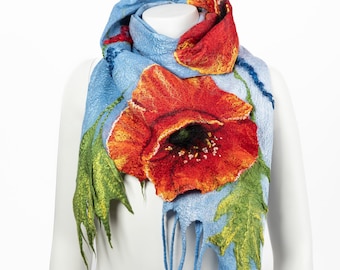 Made to Order - Handmade felted poppies scarf, Nuno felt, Silk scarf, Hand felted scarf, Merino wool