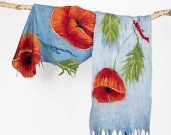 Ready To Ship - Handmade felted poppies scarf, Nuno felt, Silk scarf, Hand felted scarf, Merino wool