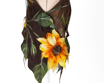Made to order - Handmade felted sunflowers scarf, Nuno felt, Silk scarf, Hand felted scarf, Merino wool