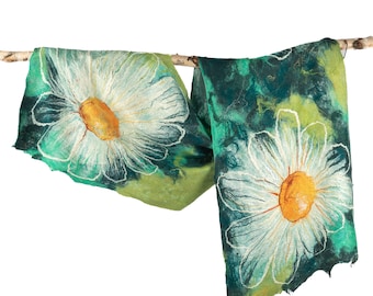 Ready To Ship, OOAK Flower Garden Shawl Collection - Daisy Flowers, Nuno Felt, Silk Scarf, Handmade Felted Shawl, Merino Wool