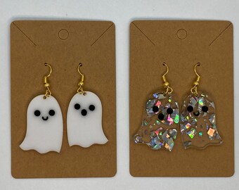Ghost Earrings Acrylic Laser Cut Holographic White Glitter Dangle Halloween Cute