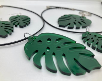 Monstera Leaf Acrylic Necklace, Earrings, Keychain Set Gift Plant Lover Laser Cut