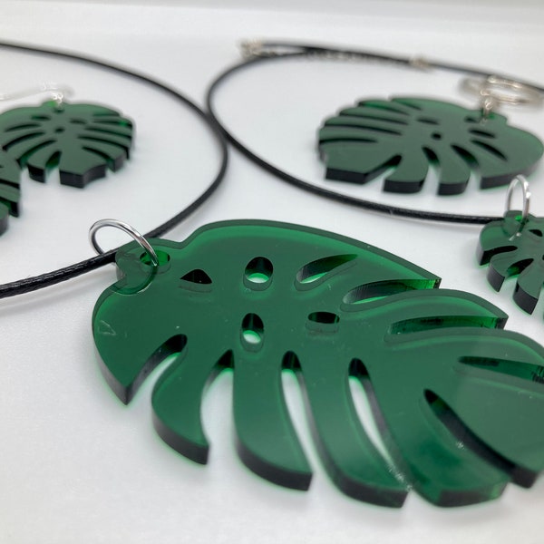 Monstera Leaf Acrylic Necklace, Earrings, Keychain Set Gift Plant Lover Laser Cut