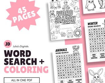 May include: A black and white printable pack of 45 word search and coloring pages. The pack includes a variety of themes, including animals, winter, and general word searches. The text "WORD SEARCH + COLORING" is displayed in large, bold letters. The text "ALL IN ONE PDF" is displayed in a smaller font.