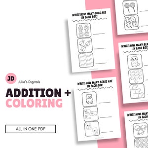 Könnte beinhalten: Druckbare Arbeitsblätter für Kinder mit Additions- und Ausmalaktivitäten. Die Arbeitsblätter zeigen Illustrationen von Käfern, Bären und anderen Objekten. Der Text "ADDITION + COLORING" ist in Rosa und Schwarz dargestellt, darunter die Worte "ALL IN ONE PDF".
