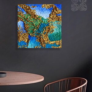 Art mural organique moderne en relief 3D | Couleurs or et turquoise | Décoration d'intérieur unique en son genre | Par Kristė Pačiulienė