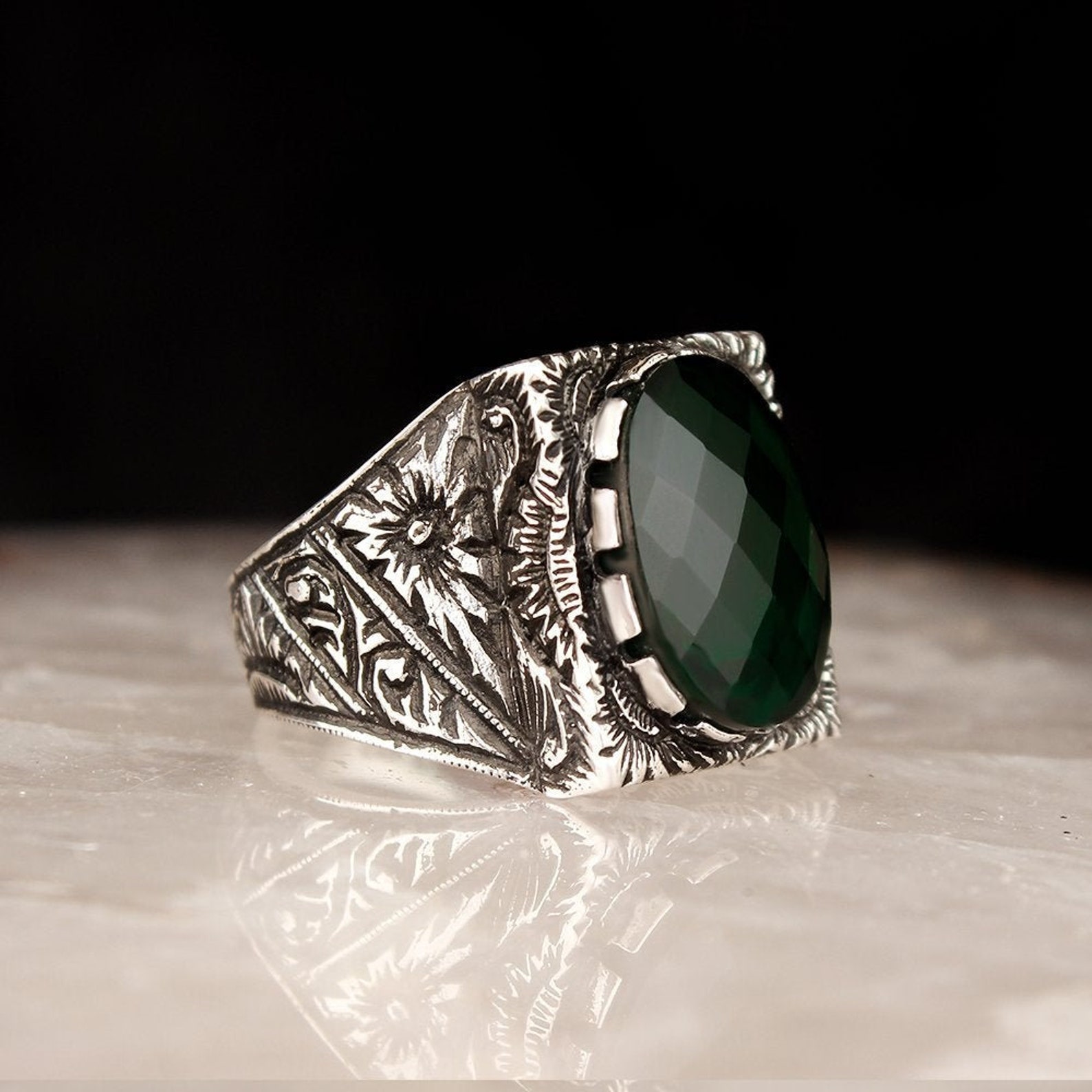 Silver Men Ring Emerald Stone Silver Ring Handmade Ring | Etsy