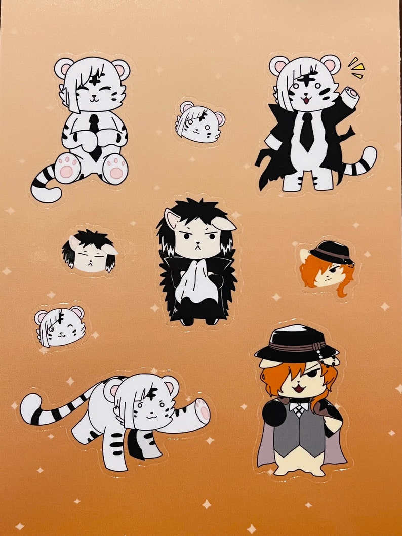 May include: A set of nine white tiger stickers with different poses and expressions. The stickers are on a brown background with a glittery effect.