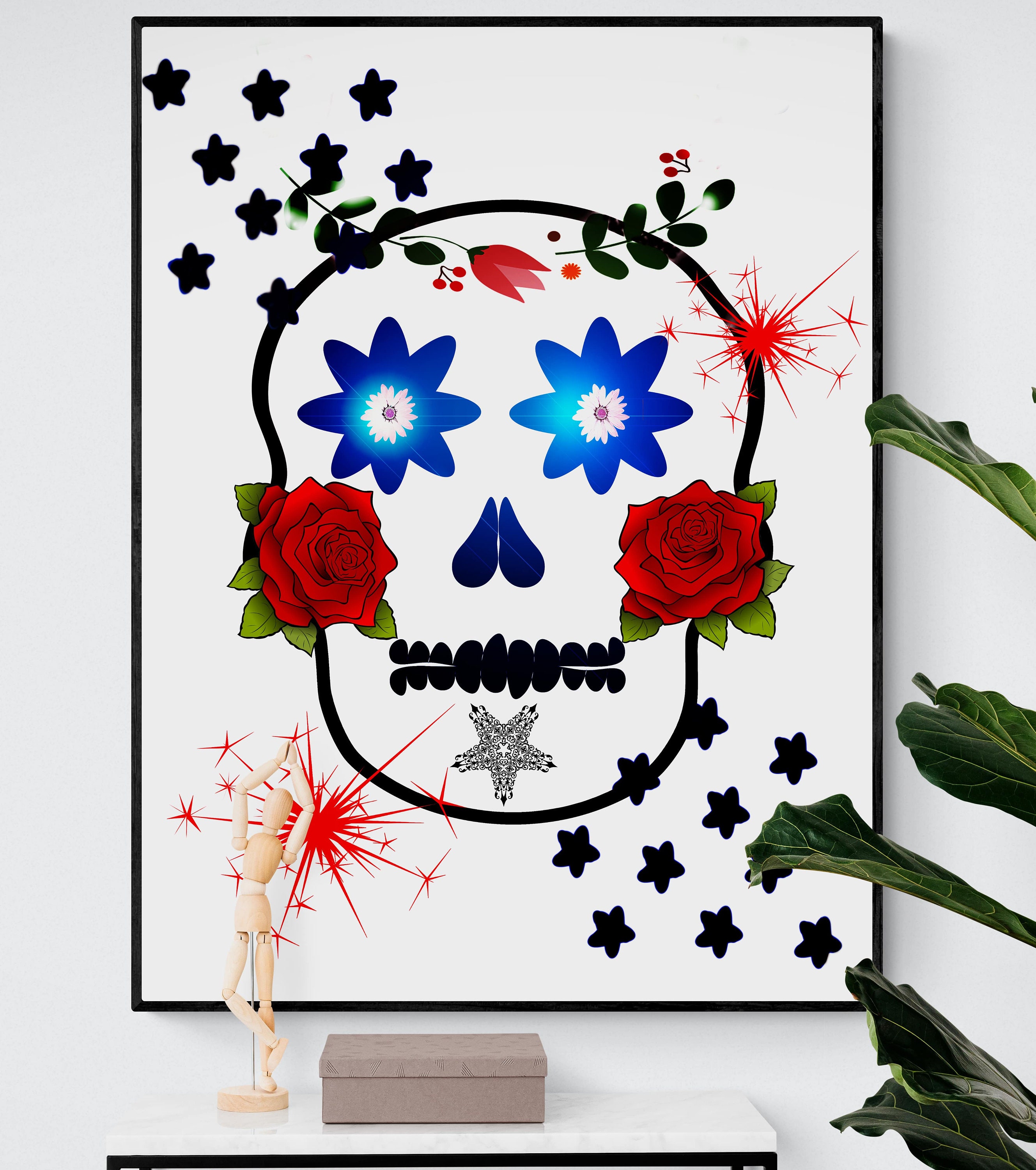 Skull Print Art Flower Skull Poster Home Decor Boho Skull Etsy