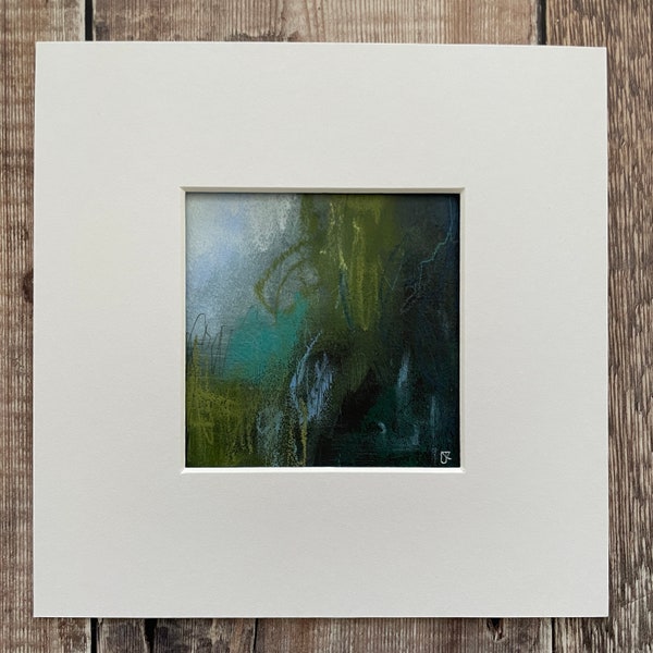 Abstract painting in acrylic & oil pastel, Original blue and green small square wall art