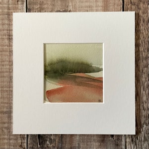 Original watercolour painting, Mini square abstract landscape in earthy green and rust image 1