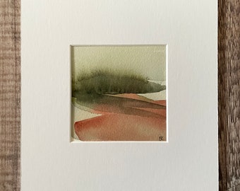 Original watercolour painting, Mini square abstract landscape in earthy green and rust