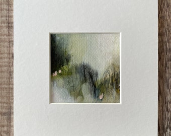Abstract art, Small square green contemporary painting in mixed media, Real art