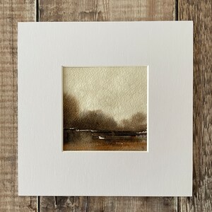 Small square watercolour landscape painting, Original earth toned gallery wall art