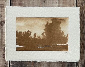 Original walnut ink landscape painting, Small monochrome wall art