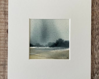 Original watercolour landscape painting, Small square semi abstract art in soft muted tones