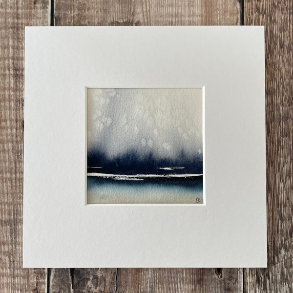 Original watercolour seascape painting, Small square semi abstract blue wall art