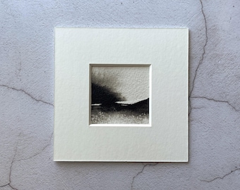 Original Tiny Square Ink Landscape Painting, Semi Abstract Black & White Wall Art in 4x4 inch Mount