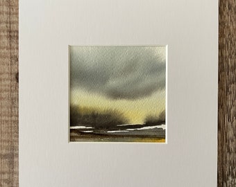 Watercolour landscape painting, Small square painting in grey, gold and brown