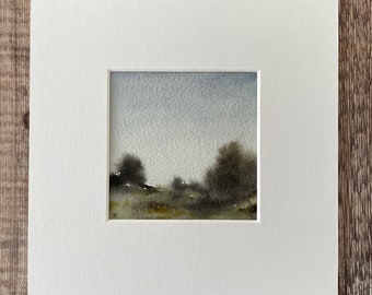 Watercolour landscape painting, Original small square semi abstract wall art