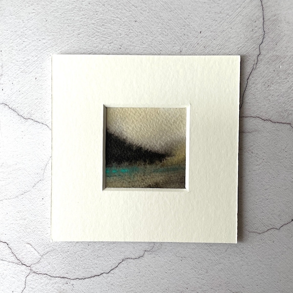 Original Tiny Watercolour Landscape Painting, Semi Abstract Wall Art in 4x4 inch Mount