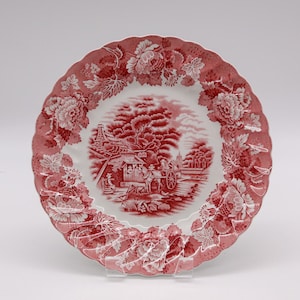 Vintage Enoch Woods &quot;English Scenery&quot; Pink or Red Transferware Dinner Plates | Retro English Country Style | Romantic Toile Cottagecore